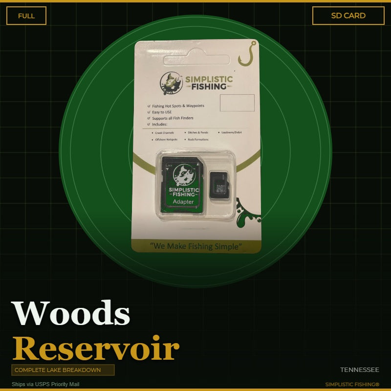 Packaging of Simplistic Fishing product with SD card on a green circular background