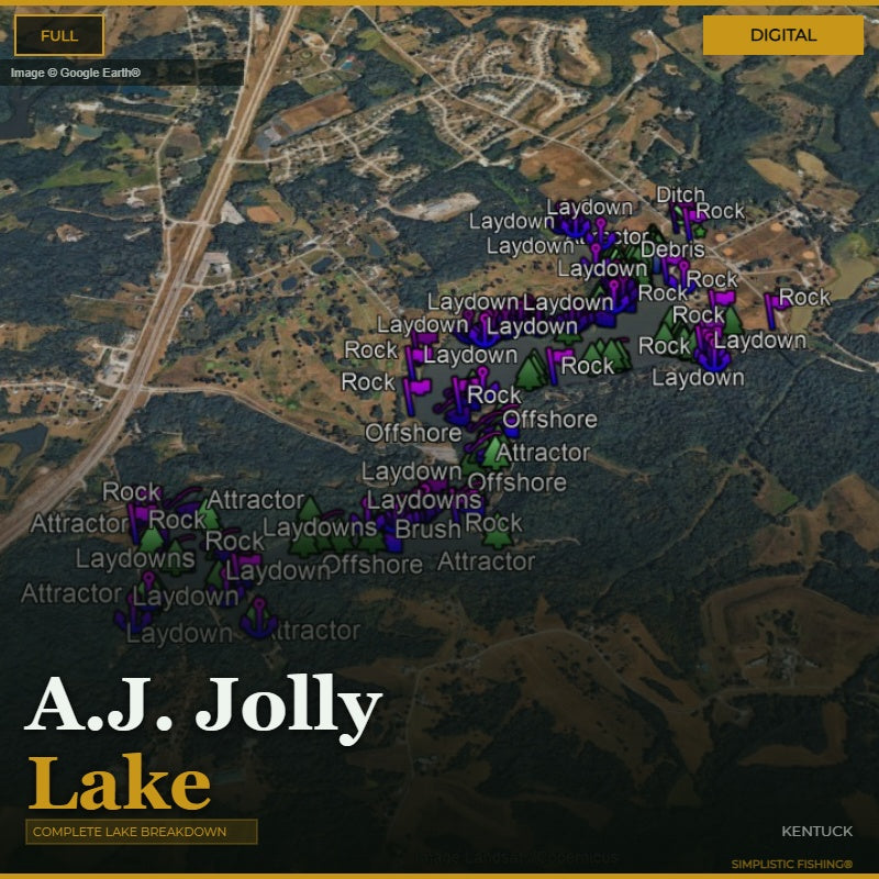 Map of A.J. Jolly Lake with fishing spots marked, sourced from Google Earth.