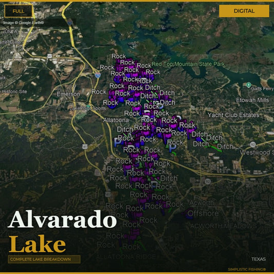 Map of Alvarado Lake with labeled rock formations and roads.