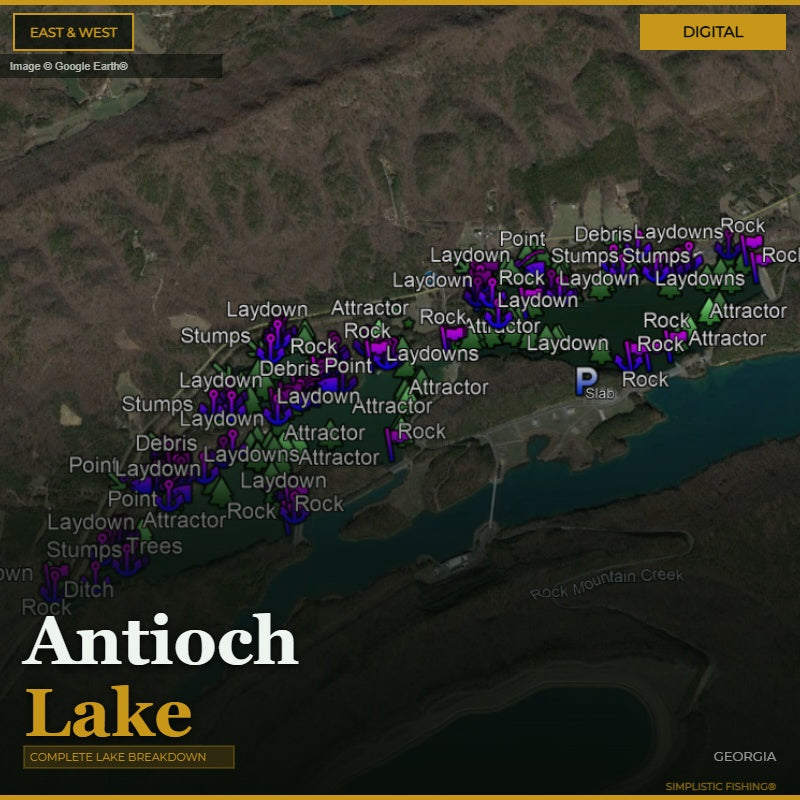 A digital map-style graphic of Anitoch Lake in Georgia, with labeled fishing spots such as Rock, Attractor, Stumps, and Laydowns, plus large text reading 'Anitoch Lake' and a small 'DIGITAL' label.