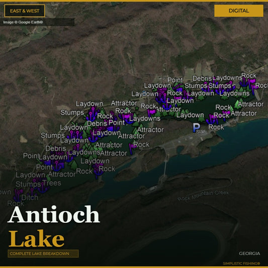 A digital map-style graphic of Anitoch Lake in Georgia, with labeled fishing spots such as Rock, Attractor, Stumps, and Laydowns, plus large text reading 'Anitoch Lake' and a small 'DIGITAL' label.