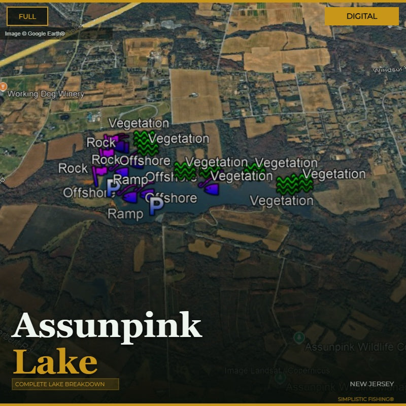 Map of Assumpink Lake with labeled features on a digital interface