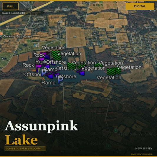 Map of Assumpink Lake with labeled features on a digital interface