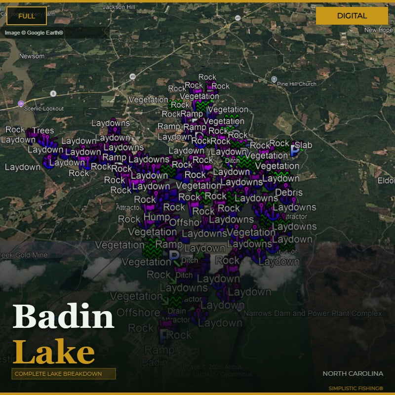Map of Badin Lake, North Carolina with bass fishing waypoints and structure labeled on a digital display.