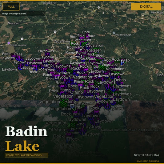 Map of Badin Lake, North Carolina with bass fishing waypoints and structure labeled on a digital display.