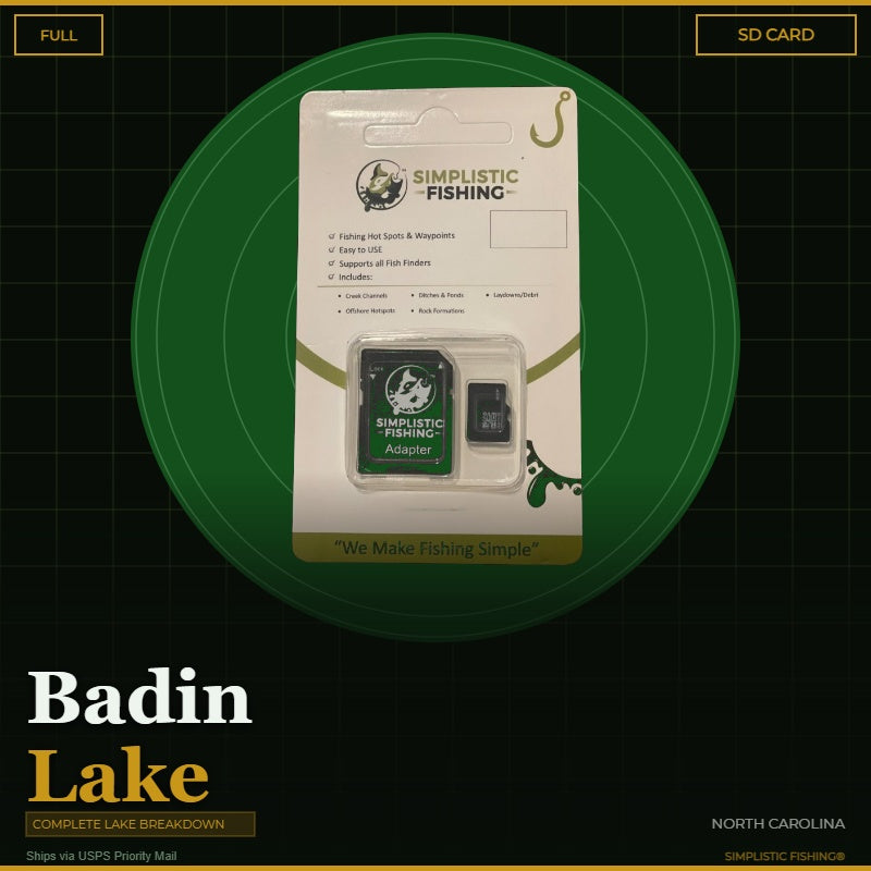 Simplistic Fishing SD card packaging on a green circle with 'Badin Lake' text.
