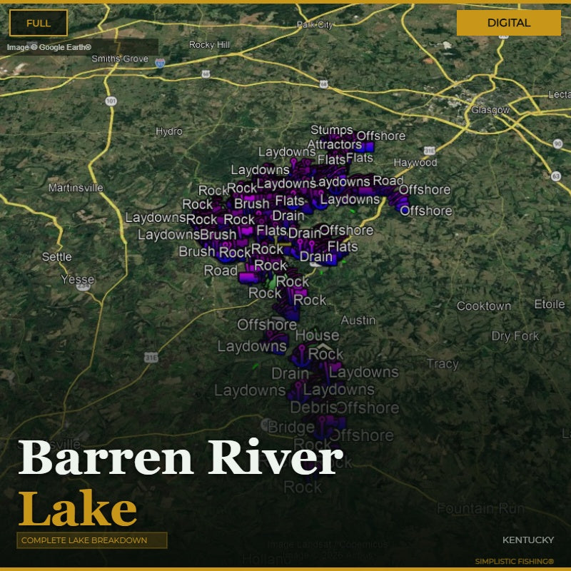 Map of Barren River Lake with various fishing spots marked on a digital display.