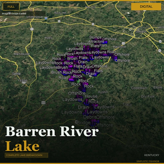 Map of Barren River Lake with various fishing spots marked on a digital display.