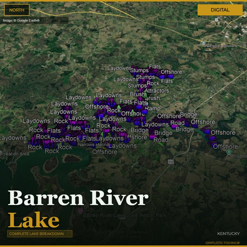 Map of Barren River Lake with fishing spots marked on a digital display.
