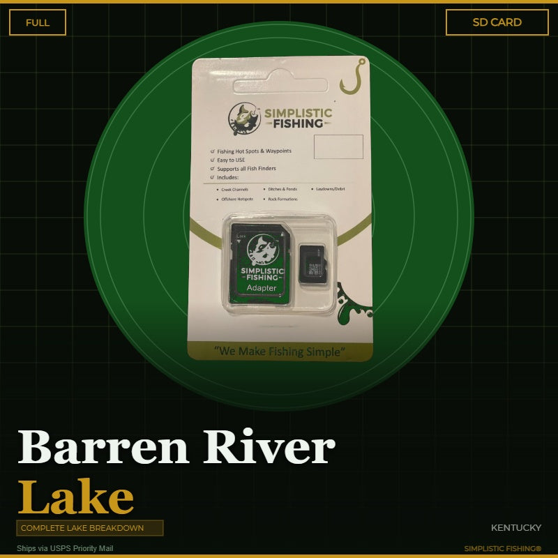 Packaged product for Simplistic Fishing on a green circle with 'Barren River Lake' text.