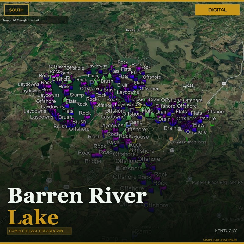 Map of Barren River Lake with fishing spots marked on a digital interface