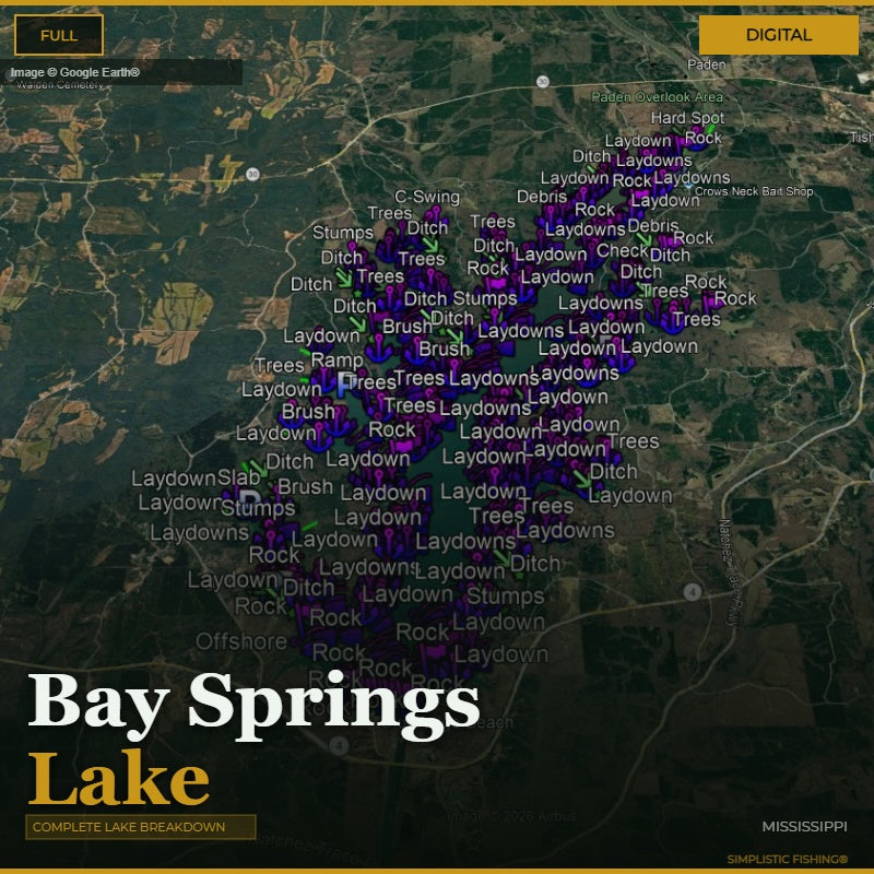 Map of Bay Springs Lake with various features labeled on a digital interface.