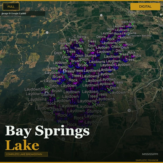 Map of Bay Springs Lake with various features labeled on a digital interface.