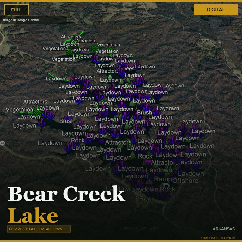 Map of Bear Creek Lake with various fishing laydowns and attractors labeled.