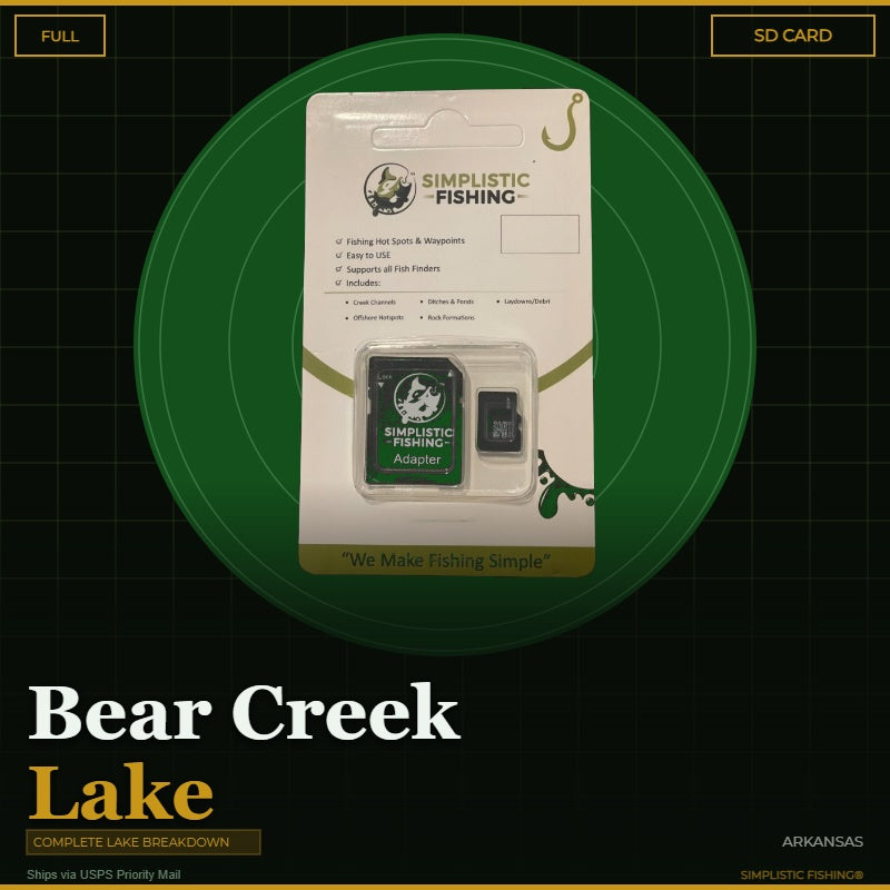 Packaging of Simplistic Fishing products with 'Bear Creek Lake' text on a green circle background