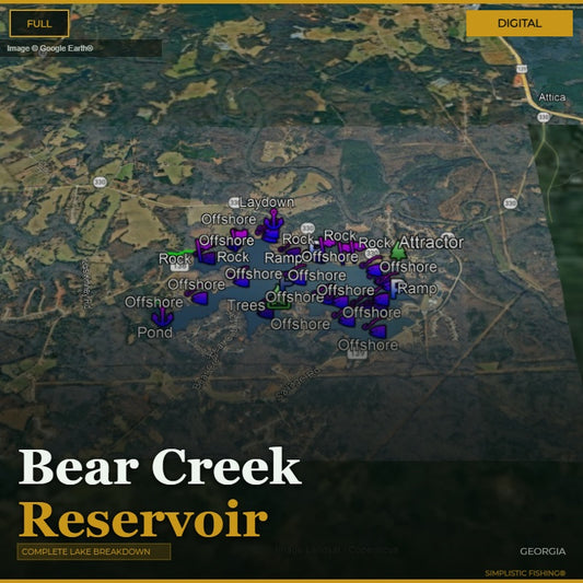Map of Bear Creek Reservoir with fishing spots marked on a digital interface.