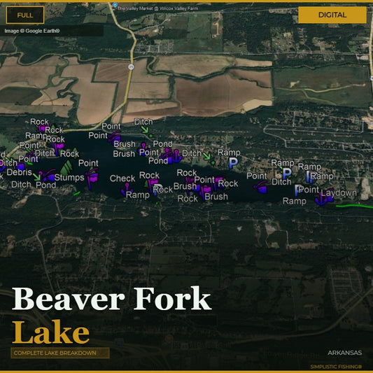Map of Beaver Fork Lake with various markers and labels on a digital display.