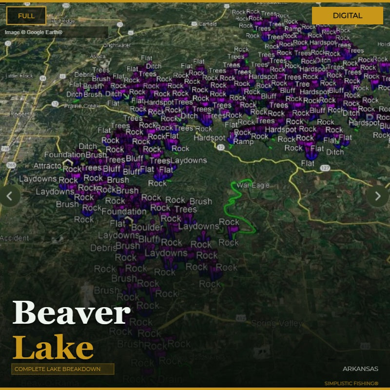 Map of Beaver Lake with various fishing spots labeled, featuring a digital overlay.