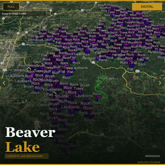 Map of Beaver Lake with various fishing spots labeled, featuring a digital overlay.