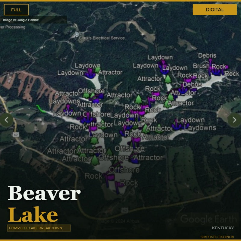 Map of Beaver Lake with various markers and labels on a dark background
