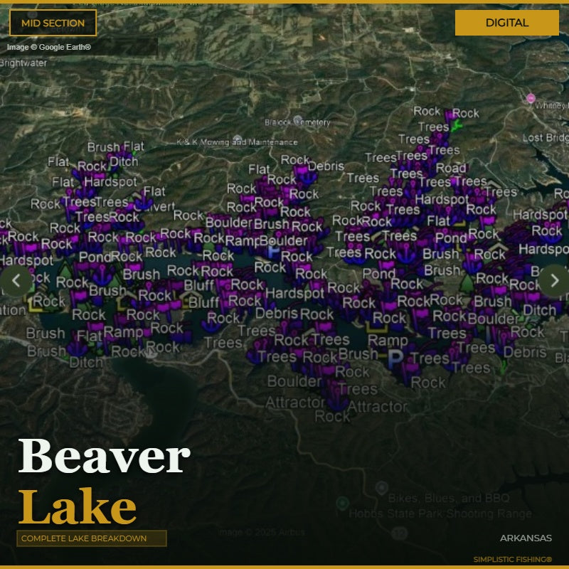 Map of Beaver Lake with various terrains labeled and 'Beaver Lake' text at the bottom.