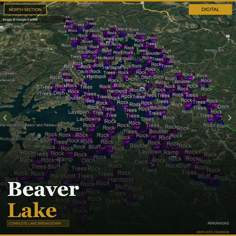 Map of Beaver Lake with various features labeled on a digital interface