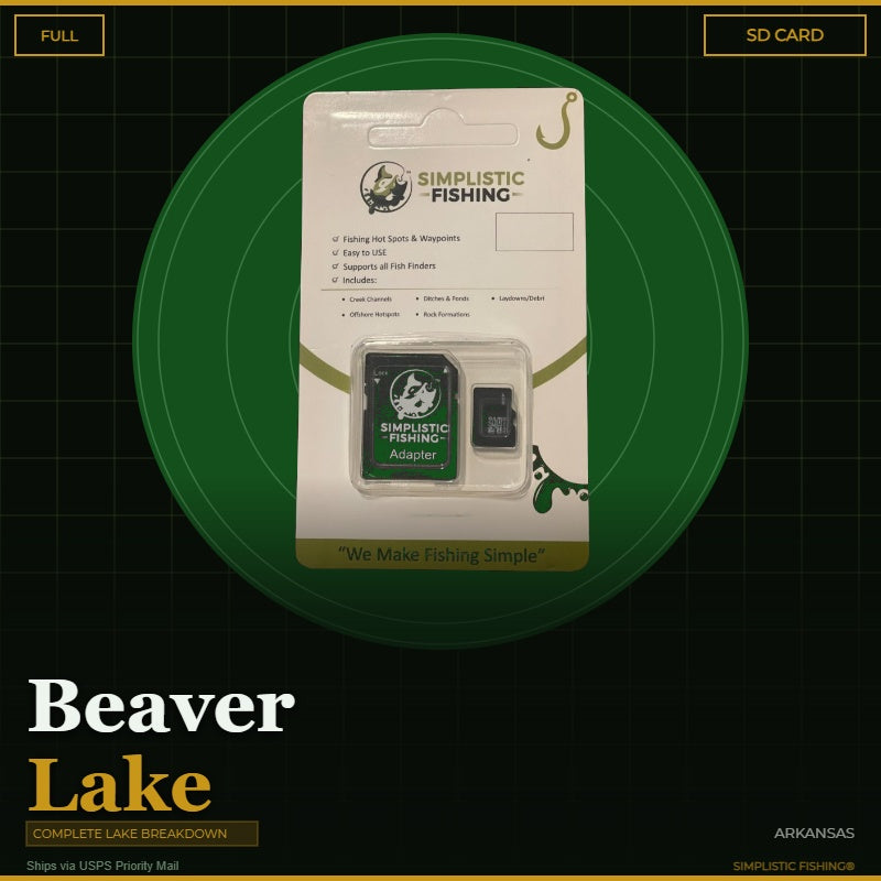 Packaging of Simplistic Fishing products on a green circle with text about Beaver Lake, Arkansas.