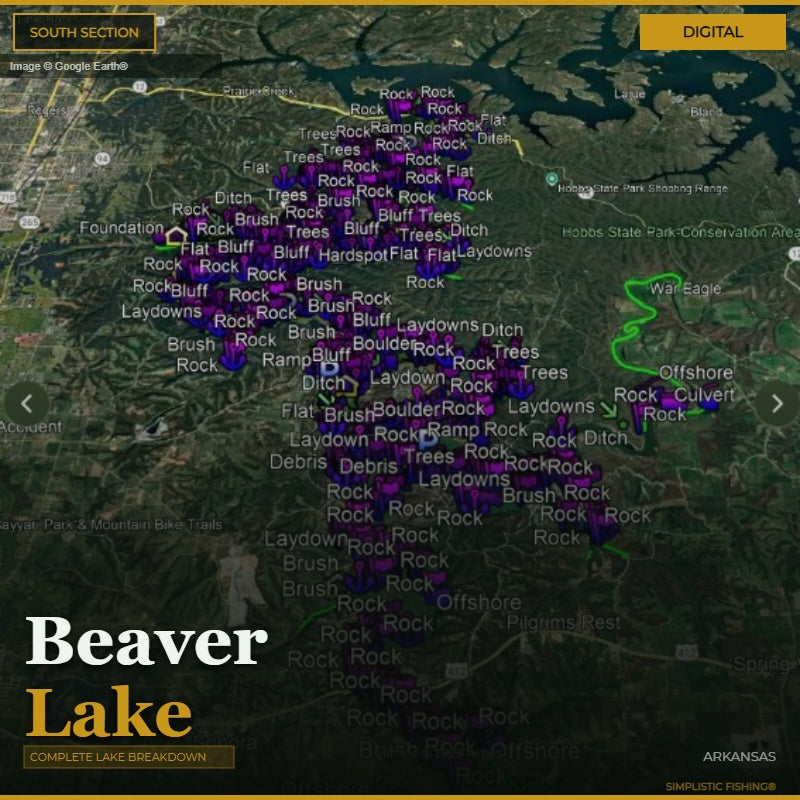 Map of Beaver Lake with fishing conditions labeled, featuring a digital overlay.