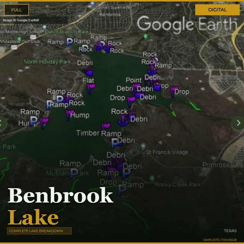 Map of Benbrook Lake with various points of interest labeled, using Google Earth interface.