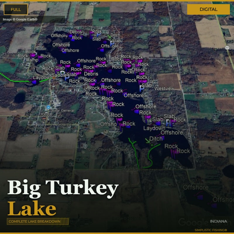 Map of Big Turkey Lake with fishing features labeled, displayed on a digital interface.