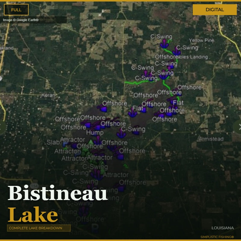 Map of Bistineau Lake with fishing locations marked on a digital interface