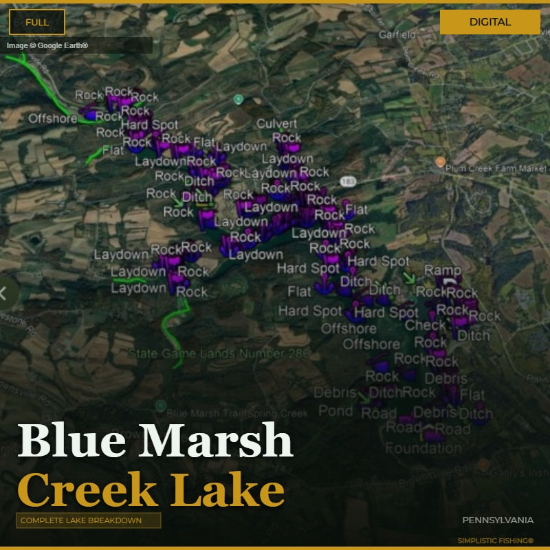 Map of Blue Marsh Creek Lake with fishing spots labeled