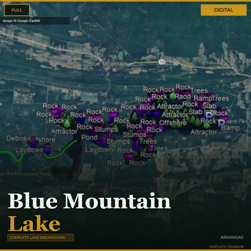Map of Blue Mountain Lake with various markers and labels on a digital display.
