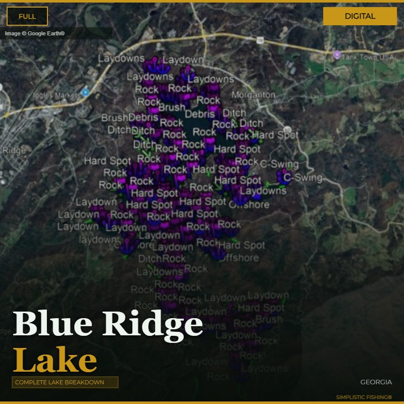 Map of Blue Ridge Lake with various fishing spots labeled on a digital interface.
