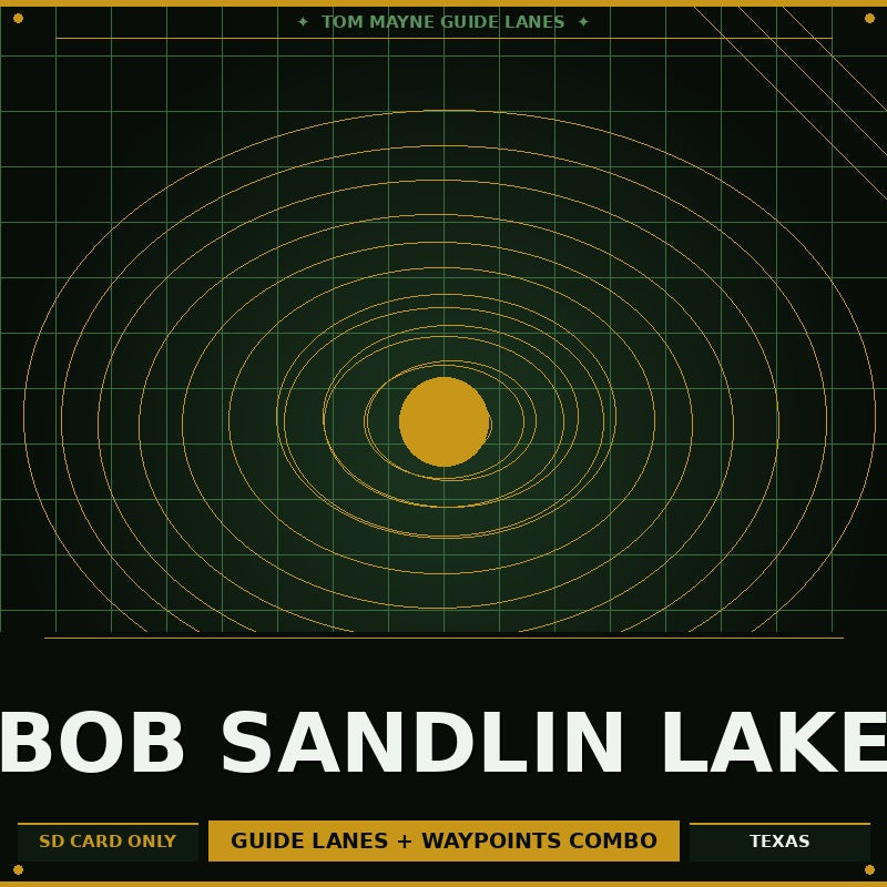 Map of Bob Sandlin Lake with concentric circles and text on a dark background