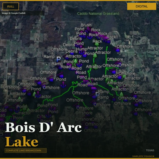 Map of Bois D'Arc Lake with fishing attractor points and road routes.