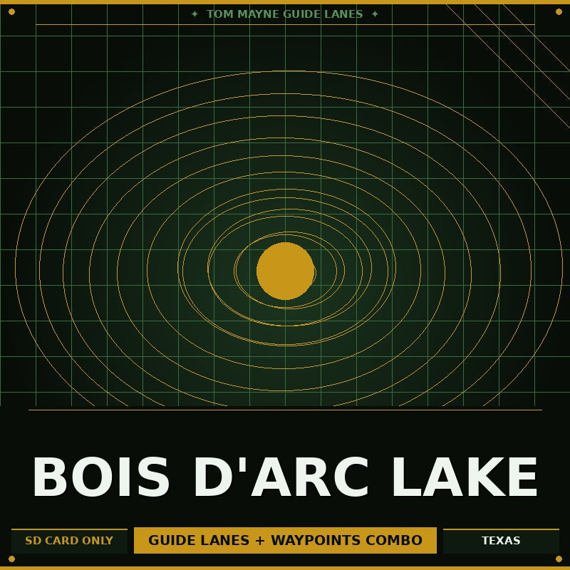 Map of Bois d'Arc Lake with concentric circles and text on a dark background