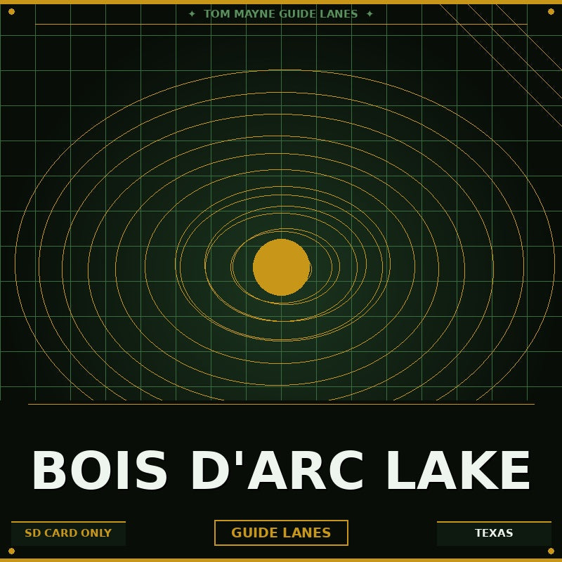 Map of Bois d'Arc Lake with concentric circles and text on a dark background