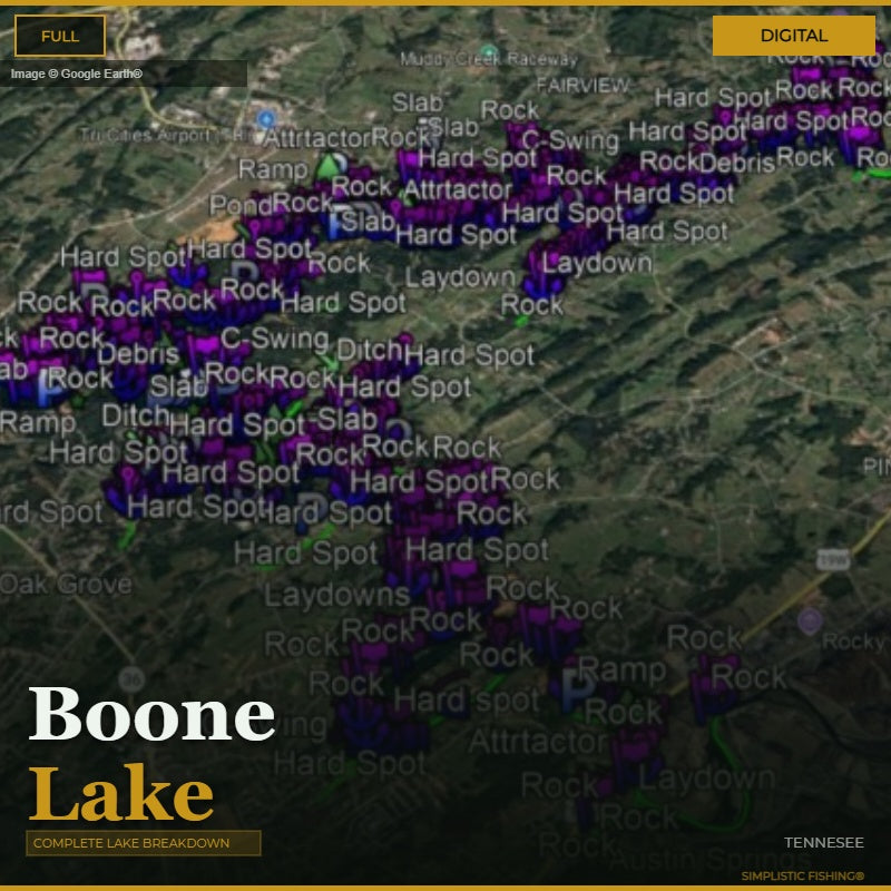 Map of Boone Lake with fishing spots marked, featuring a digital overlay.