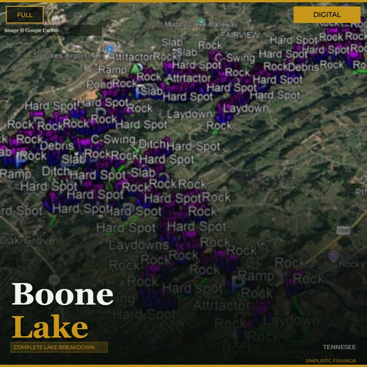 Map of Boone Lake with fishing spots marked, featuring a digital overlay.