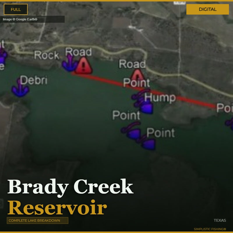 Map of Brady Creek Reservoir with labeled points and roads