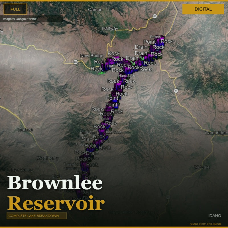 A digital map of Brownlee Reservoir in Idaho, showing a detailed lake breakdown with labeled points, drains, and surrounding terrain. Large text at the bottom reads 'Brownlee Reservoir' and 'COMPLETE LAKE BREAKDOWN.