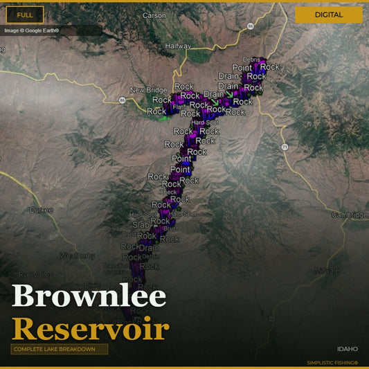 A digital map of Brownlee Reservoir in Idaho, showing a detailed lake breakdown with labeled points, drains, and surrounding terrain. Large text at the bottom reads 'Brownlee Reservoir' and 'COMPLETE LAKE BREAKDOWN.