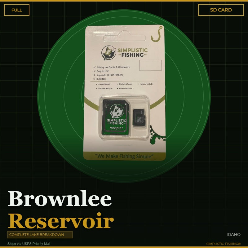 Simplistic Fishing SD card packaging on a green circle with 'Brownlee Reservoir' text.
