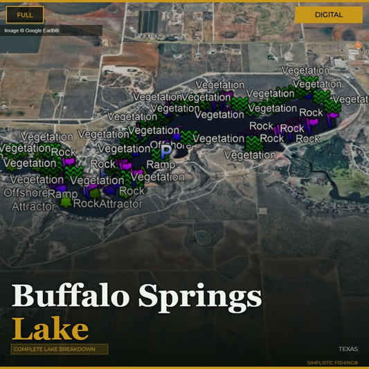 Map of Buffalo Springs Lake with labels for vegetation, rock, and ramps.