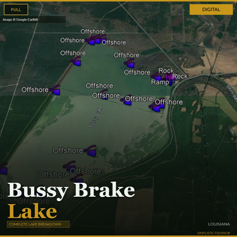 Map of Bussy Brake Lake with offshore and rock locations marked.