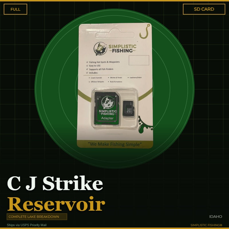 Packaged Simplistic Fishing product on a green circular background with text about C J Strike Reservoir.