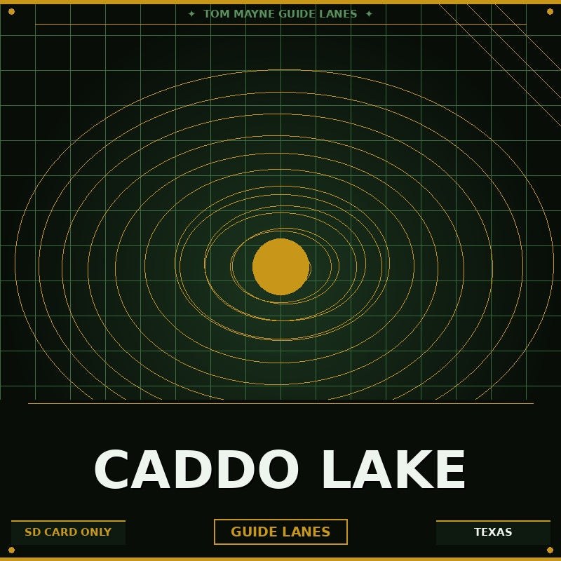 Map of Caddo Lake with concentric circles and text on a dark background