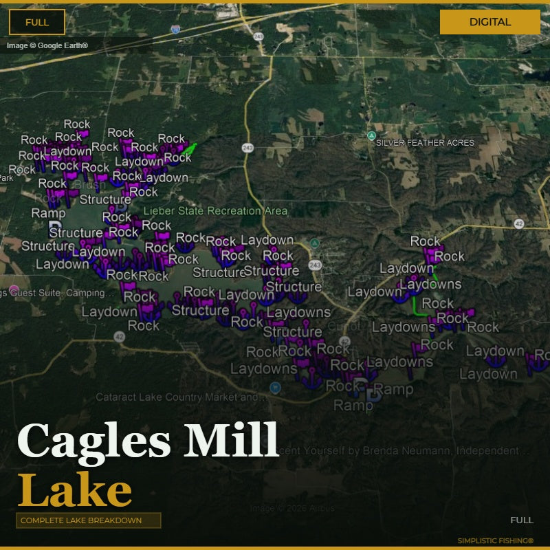 Map of Cagle's Mill Lake with various fishing spots marked.