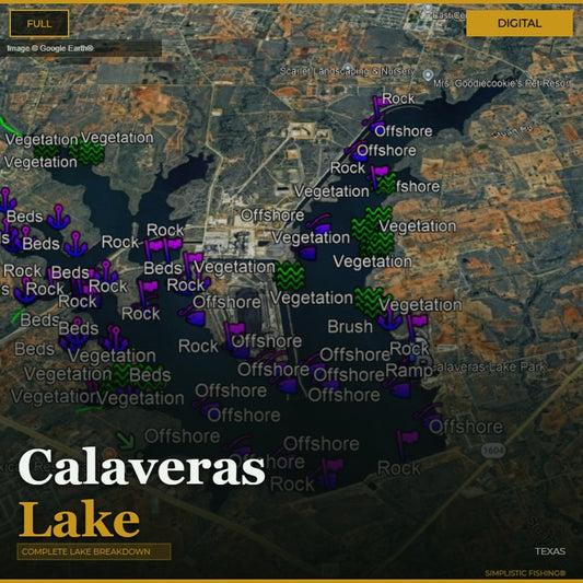 Map of Calaveras Lake with various markers indicating features like vegetation, rock, and beds.